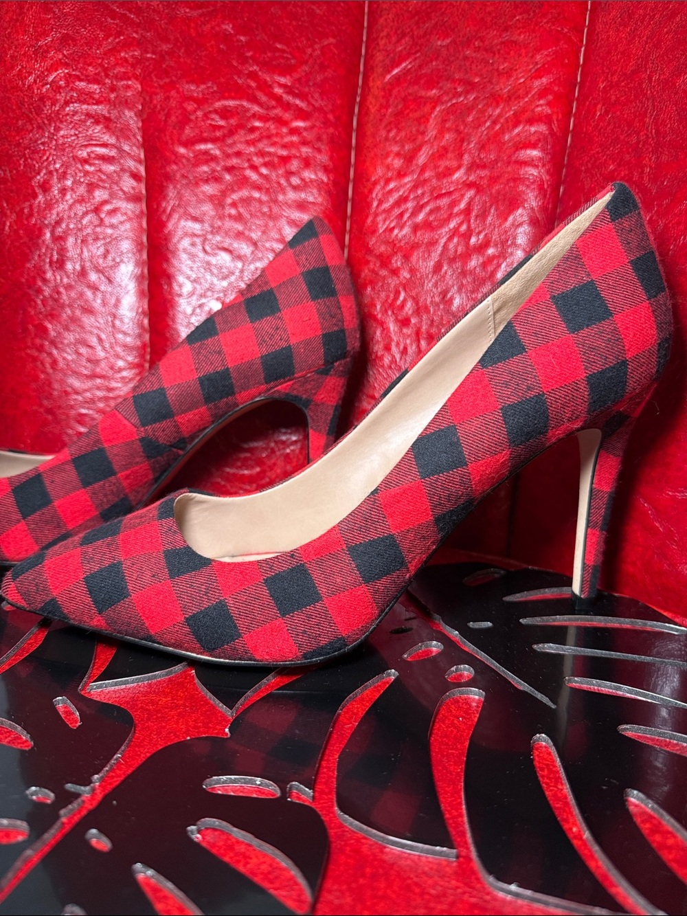 Mix No. 6 Red Black Buffalo Plaid Stiletto Pointed Toe Size 11